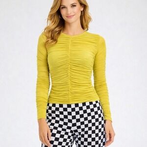 Lisa Says‎ Gah Ruched Sheer Mesh Long Sleeve Top-Chartreuse-Lime Green Size L
